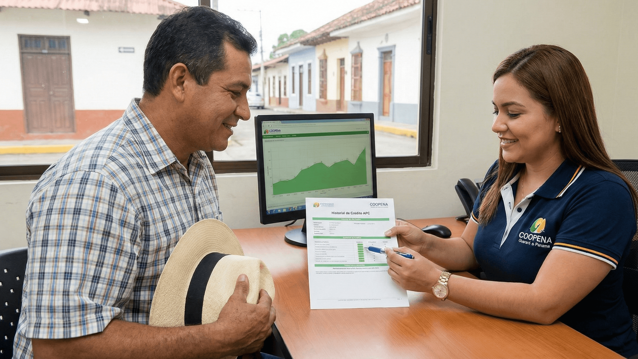 Asesor de COOPENA explicando historial de crédito APC a un socio en oficina de Guararé