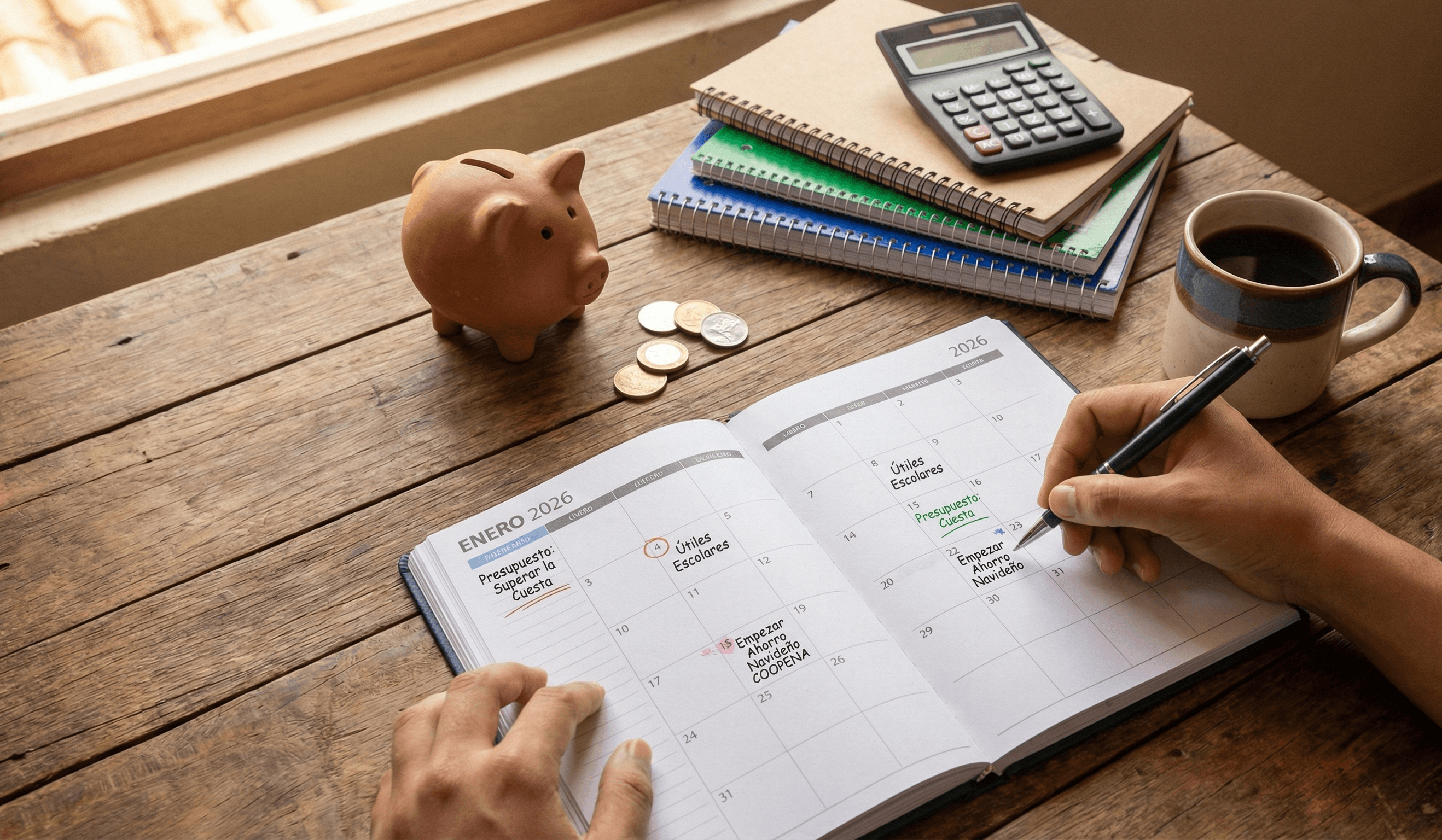 Calendario de enero 2026 y alcancía de cerdito con monedas sobre mesa de madera estilo panameño